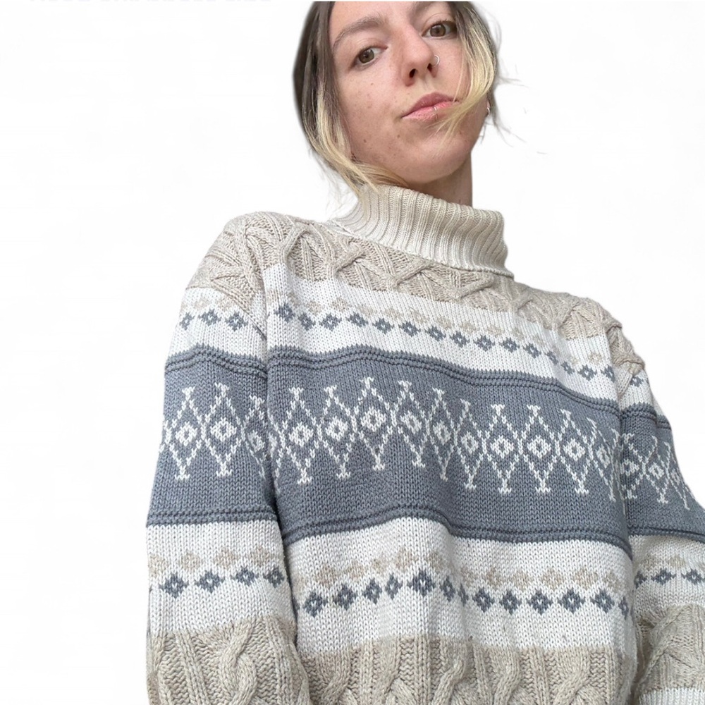 ❌SOLD❌Vintage Cotton Road Made in Canada Fair Isle Cable Knit Turtleneck Sweater